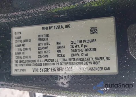 2024 Tesla Model 3 Long Range Dual Motor All-Wheel Drive из США, поврежденный, VIN 5YJ3E1EB7RF814305